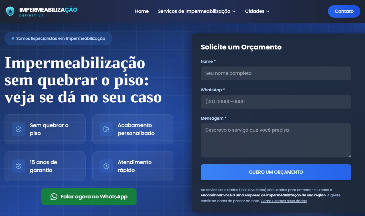 Impermeabilização sem quebrar o piso: home do impermeabilizacao.org, site refeito pela Produzza